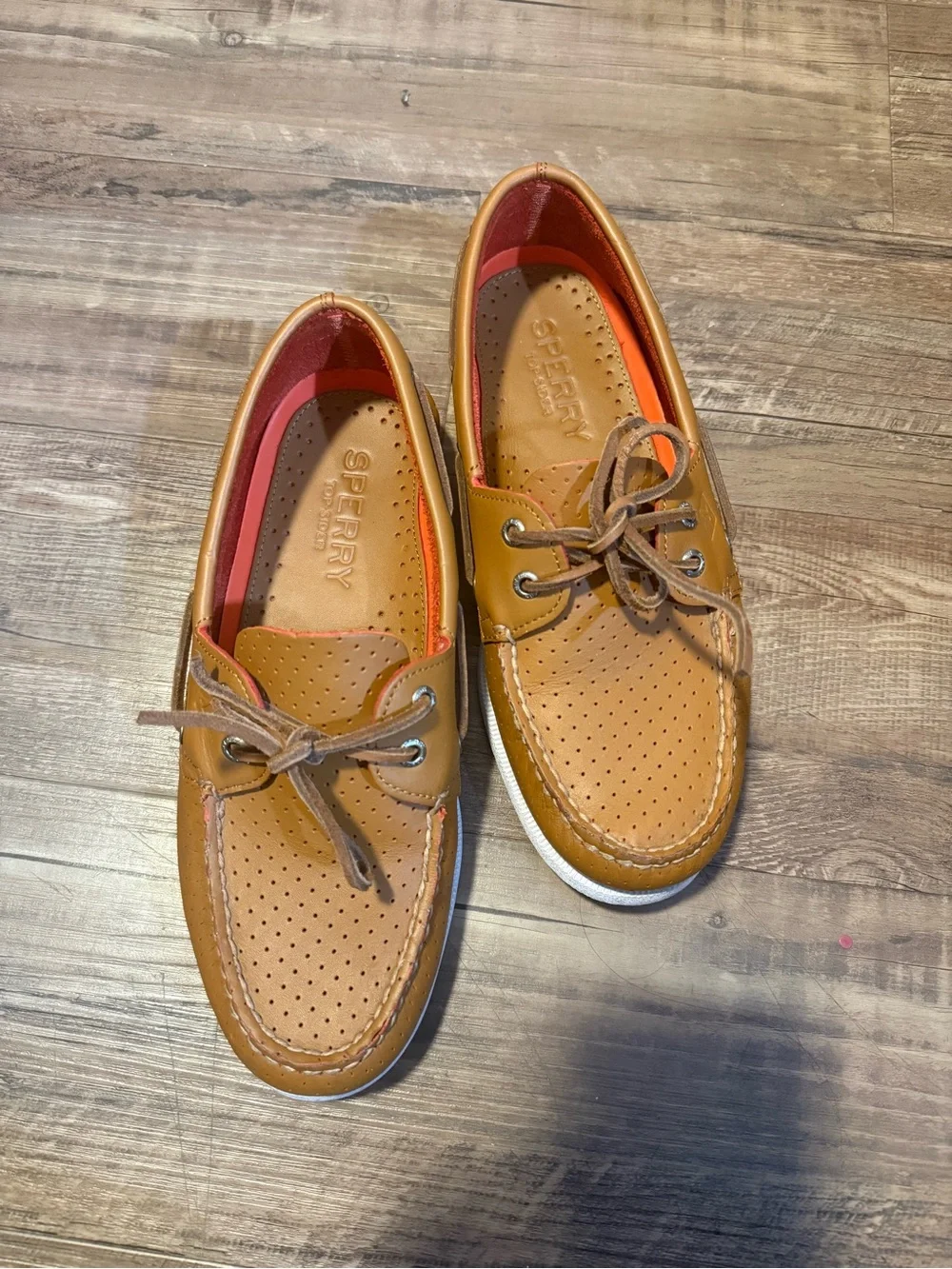 Sperry Men’s Tan Leather Perforated Boat Shoes with Orange Lining